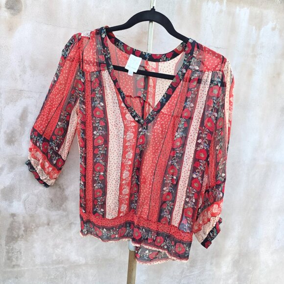 Ella moss silk sheer bohemian folksy blouse - Picture 1 of 10